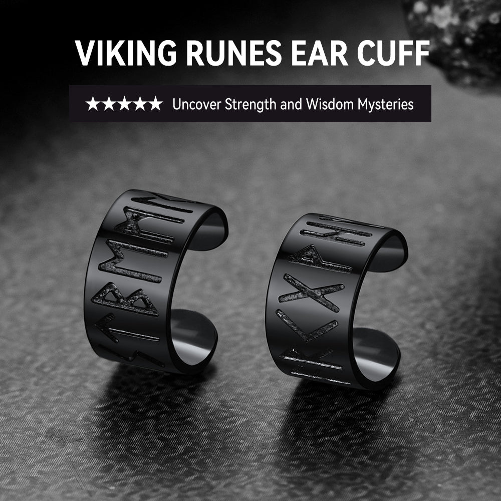 Norse Viking Runes Ear Cuff Earrings for Men in Sterling Silver