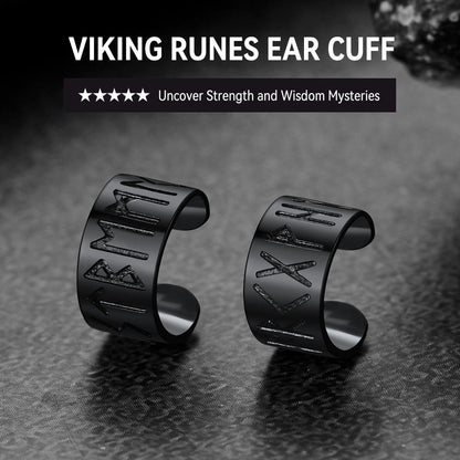 Norse Viking Runes Ear Cuff Earrings for Men in Sterling Silver