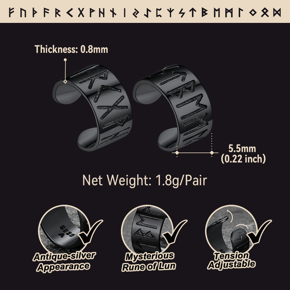 Norse Viking Runes Ear Cuff Earrings for Men in Sterling Silver