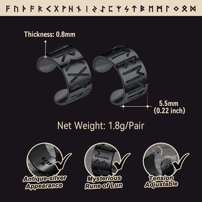 Norse Viking Runes Ear Cuff Earrings for Men in Sterling Silver