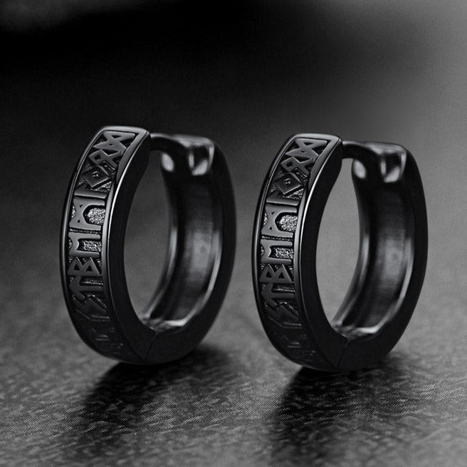Norse Viking Runes Huggie Hoop Earrings in Sterling Silver