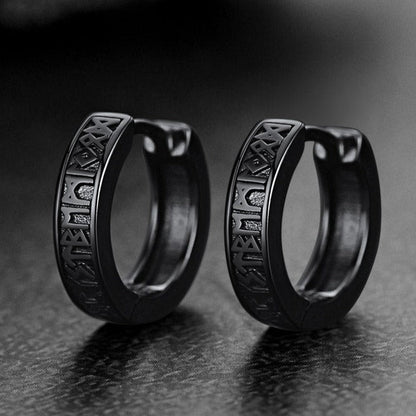 Norse Viking Runes Huggie Hoop Earrings in Sterling Silver