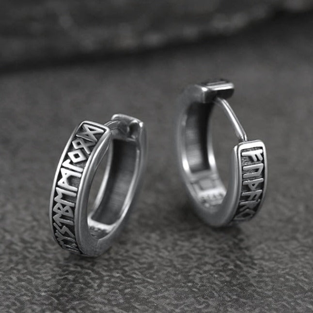 Norse Viking Runes Huggie Hoop Earrings in Sterling Silver