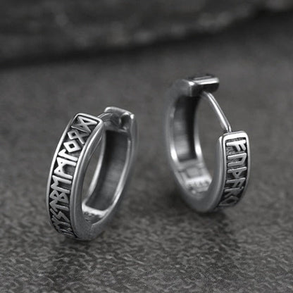 Norse Viking Runes Huggie Hoop Earrings in Sterling Silver