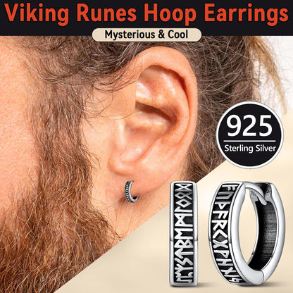 Norse Viking Runes Huggie Hoop Earrings in Sterling Silver