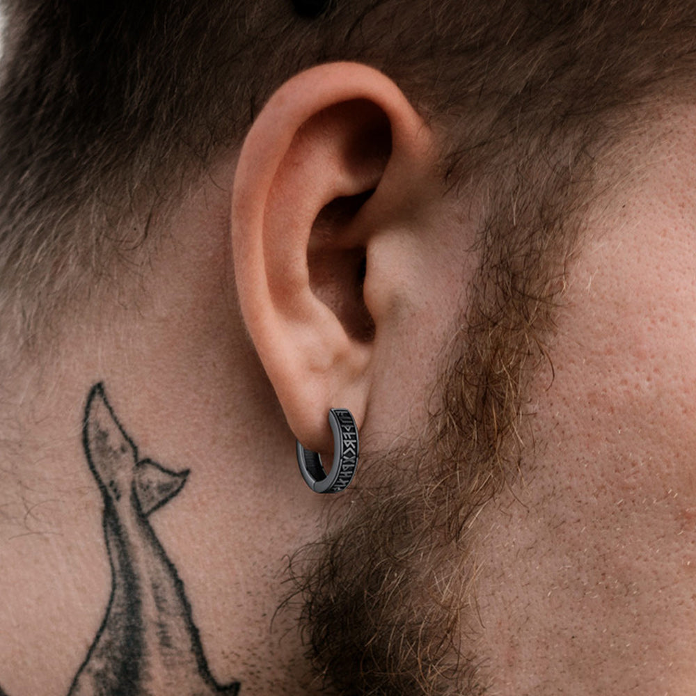 Norse Viking Runes Huggie Hoop Earrings in Sterling Silver
