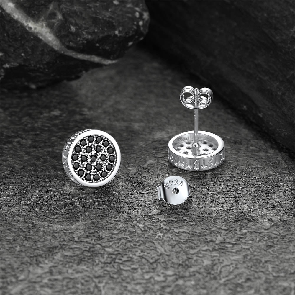 10mm Round Black Diamond Stud Earrings with Runes