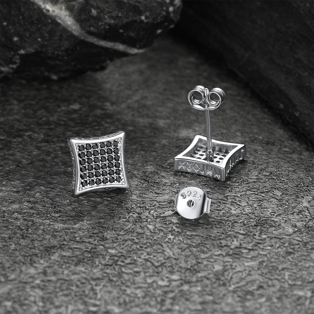 9mm Square Black Diamond Stud Earrings with Viking Runes