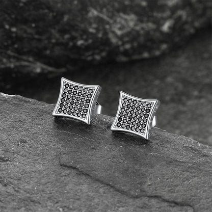 9mm Square Black Diamond Stud Earrings with Viking Runes