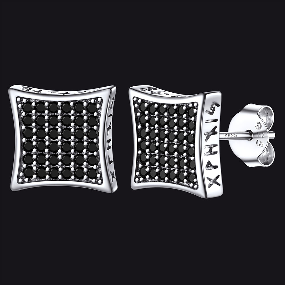 9mm Square Black Diamond Stud Earrings with Viking Runes