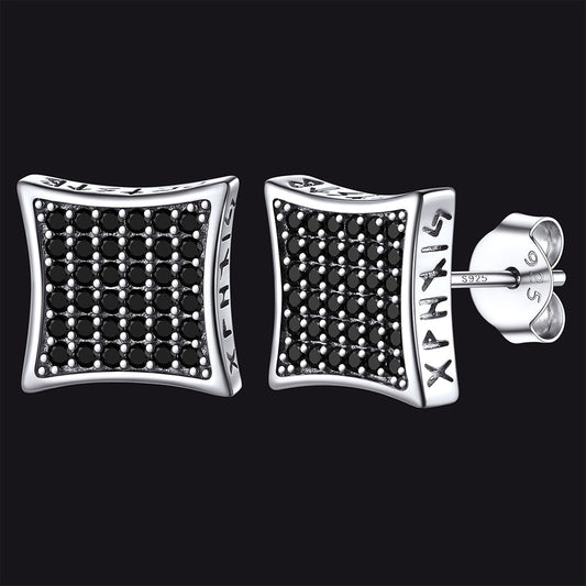 9mm Square Black Diamond Stud Earrings with Viking Runes