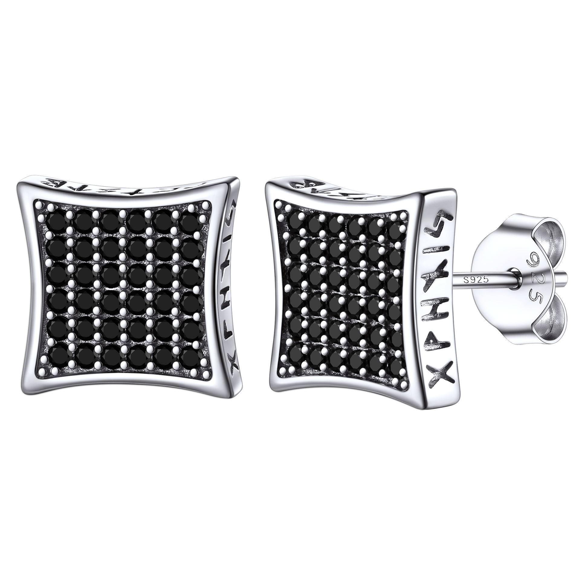 9mm Square Black Diamond Stud Earrings with Viking Runes
