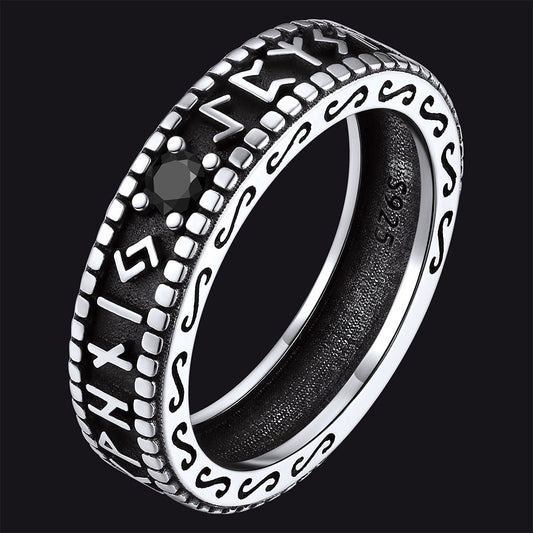 Sterling Silver Norse Runes Ring with Black Onyx