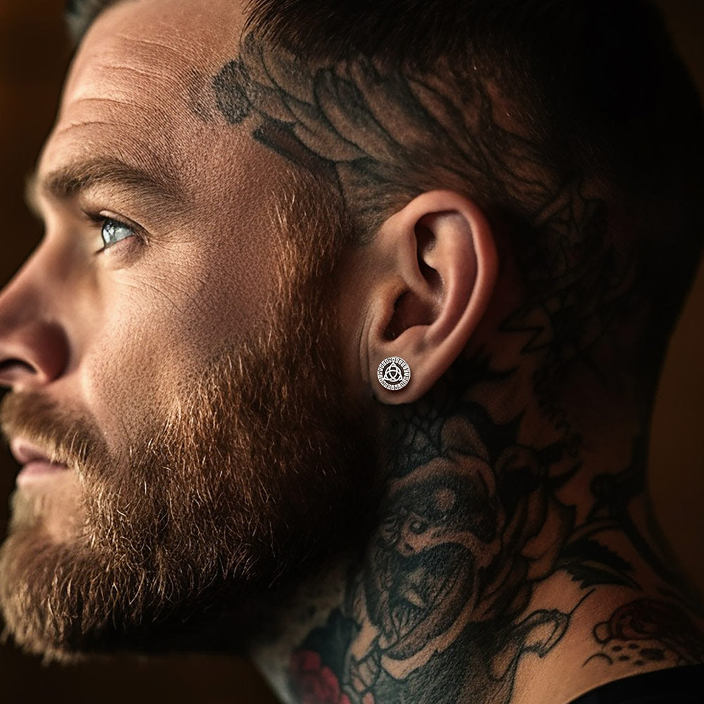 Viking Valknut Black Stud Earrings For Men With Runes