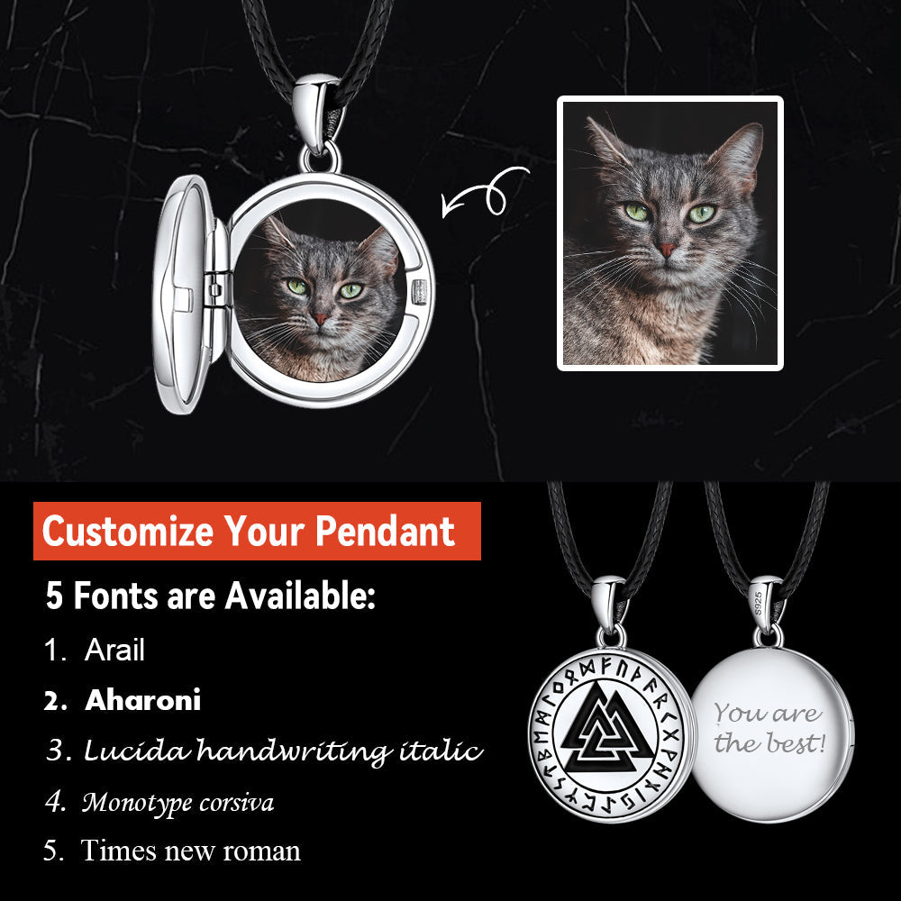 Personalized Viking Valknut Photo Locket Pendant with Leather Necklace