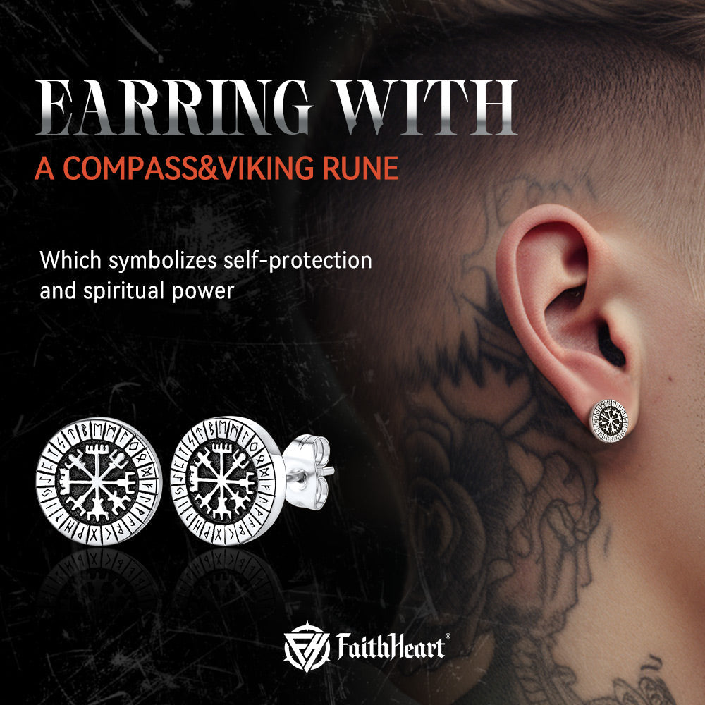 Norse Viking Compass Vegvisir Stud Earrings For Men