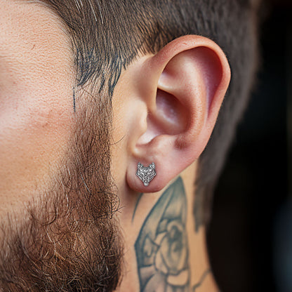Sterling Silver Viking Celtic Wolf Stud Earrings For Men