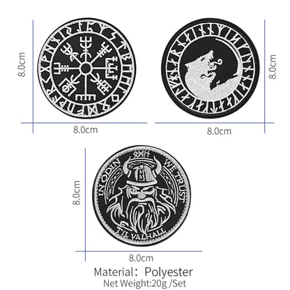Norse Viking Compass Raven Badge Embroidered Applique Hook, 3 Pack