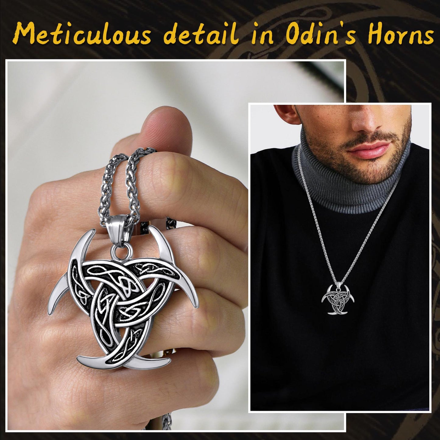 Viking Triple Horn of Odin Necklace Crescent Triquetra Charm Amuelt for Men
