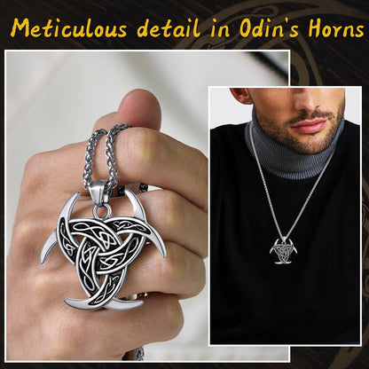 Viking Triple Horn of Odin Necklace Crescent Triquetra Charm Amuelt for Men