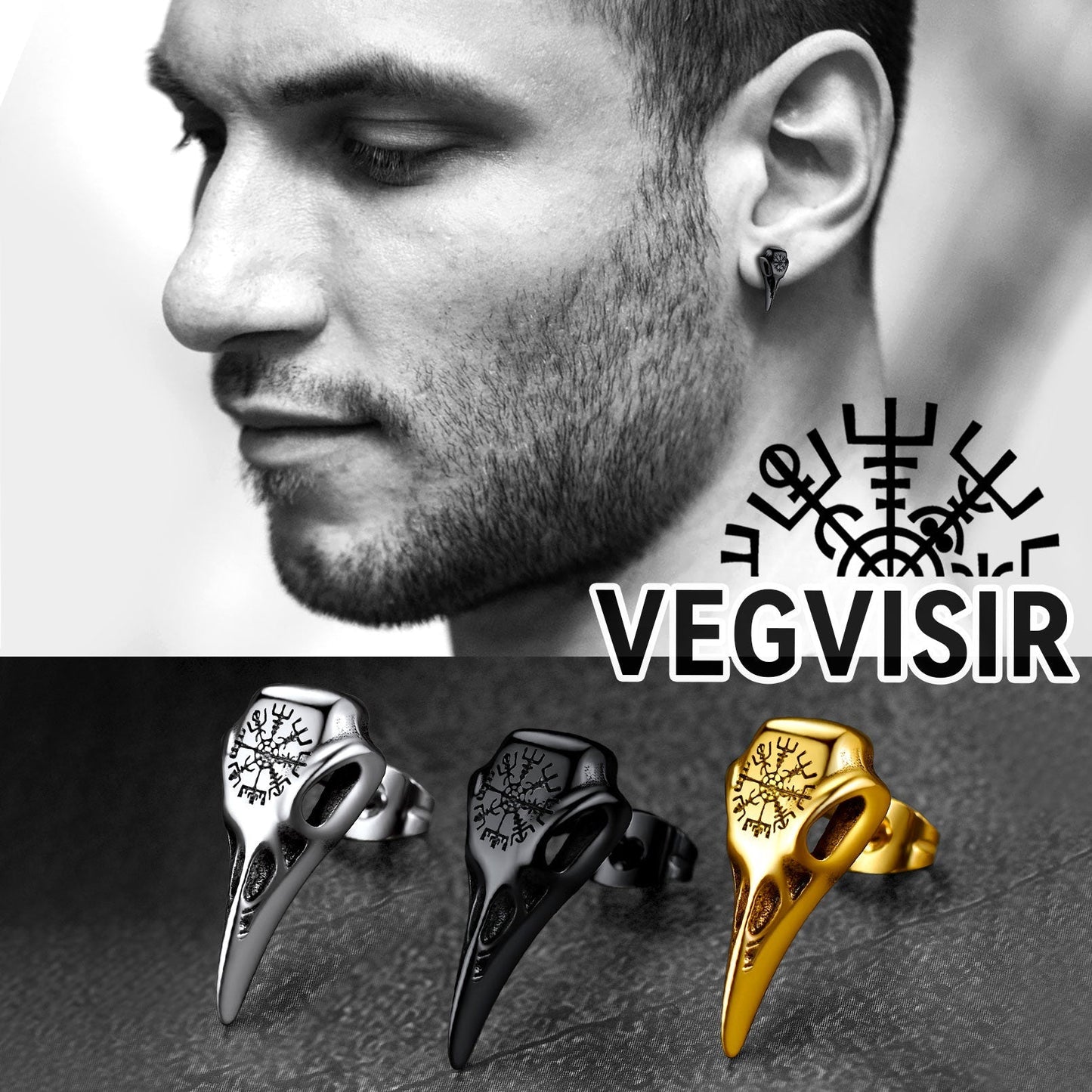 Viking Raven Skull Stud Earrings With Viking Vegvisir For Men Women