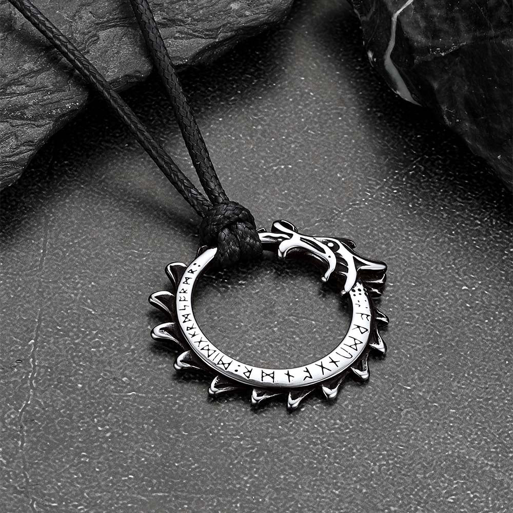 Vintage Dragon Circle Necklace with Leather Chain for Men