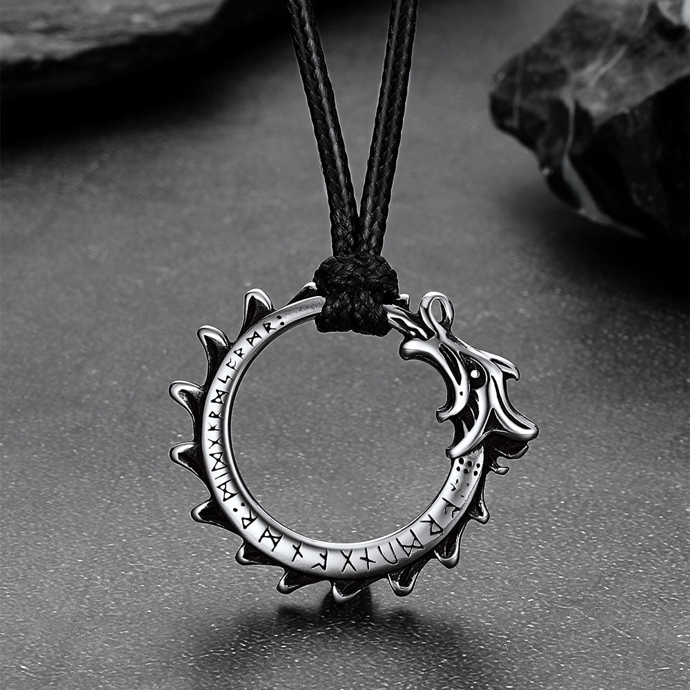 Vintage Dragon Circle Necklace with Leather Chain for Men