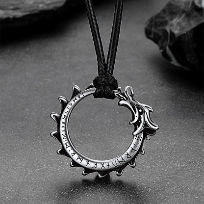 Vintage Dragon Circle Necklace with Leather Chain for Men