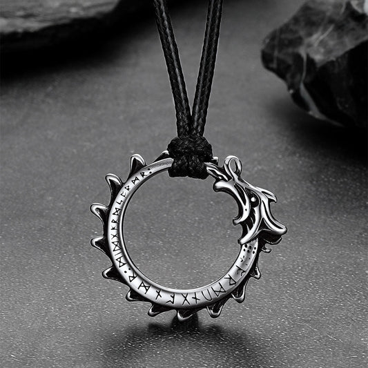 Vintage Dragon Circle Necklace with Leather Chain for Men