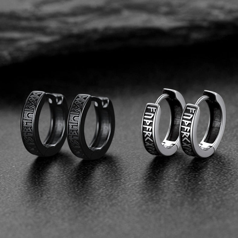 Norse Viking Runes Huggie Hoop Earrings in Sterling Silver
