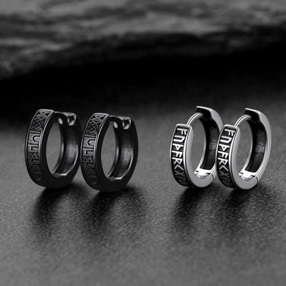 Norse Viking Runes Huggie Hoop Earrings in Sterling Silver