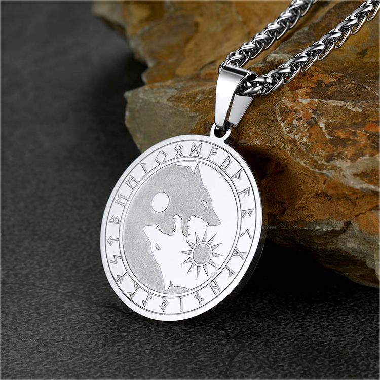 Viking Wolf Coin Necklace For Men With Runes