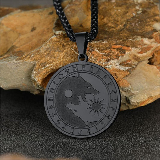 Viking Wolf Coin Necklace For Men With Runes