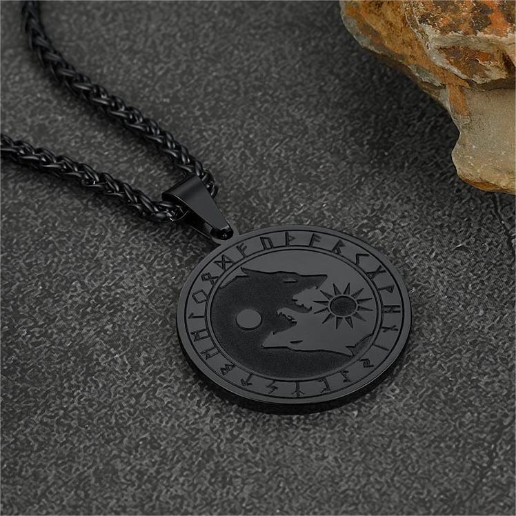 Viking Wolf Coin Necklace For Men With Runes