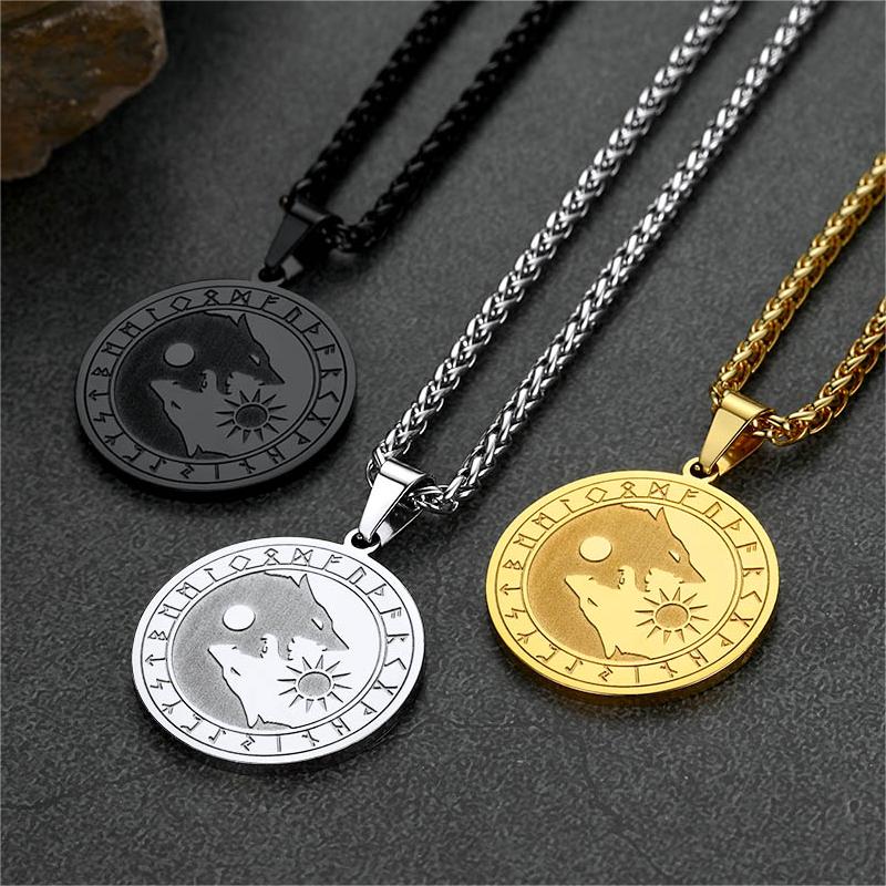Viking Wolf Coin Necklace For Men With Runes