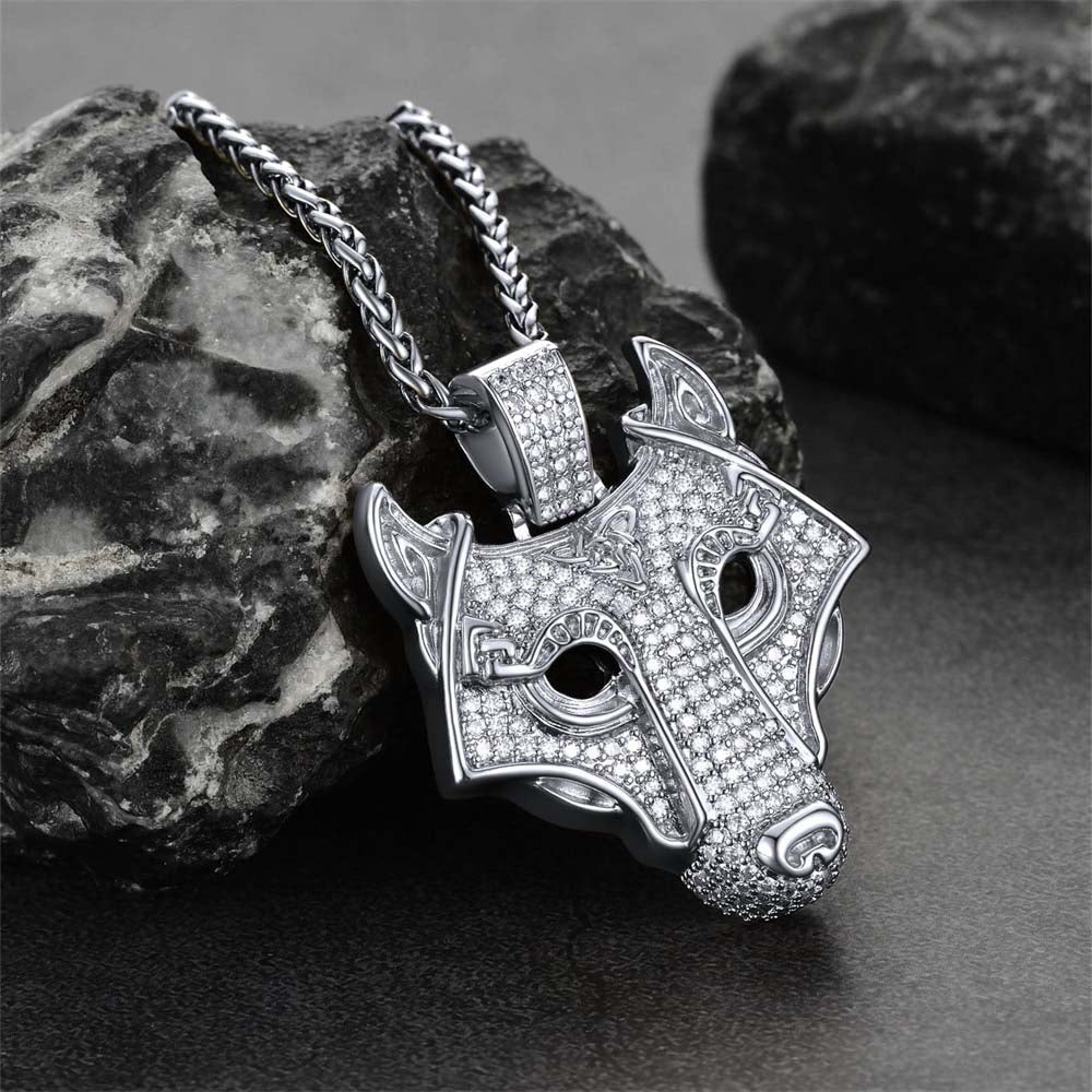 Hip Hop Viking Wolf Head Fenrir Necklace with Cubic Zirconia