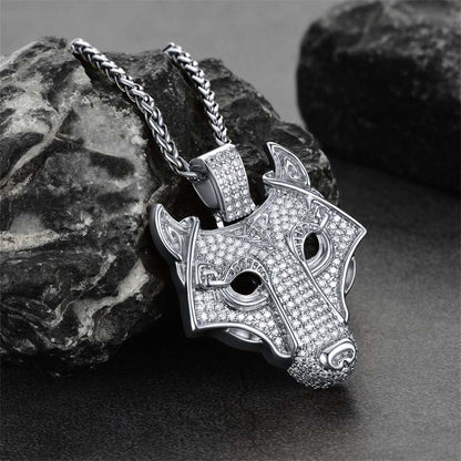 Hip Hop Viking Wolf Head Fenrir Necklace with Cubic Zirconia