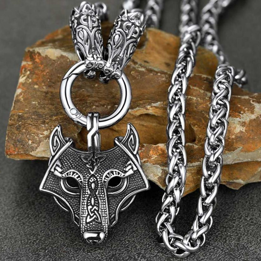Viking Wolf Pendant Necklace With Wolf Rope Chain For Men