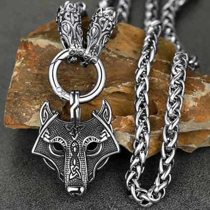 Viking Wolf Pendant Necklace With Wolf Rope Chain For Men