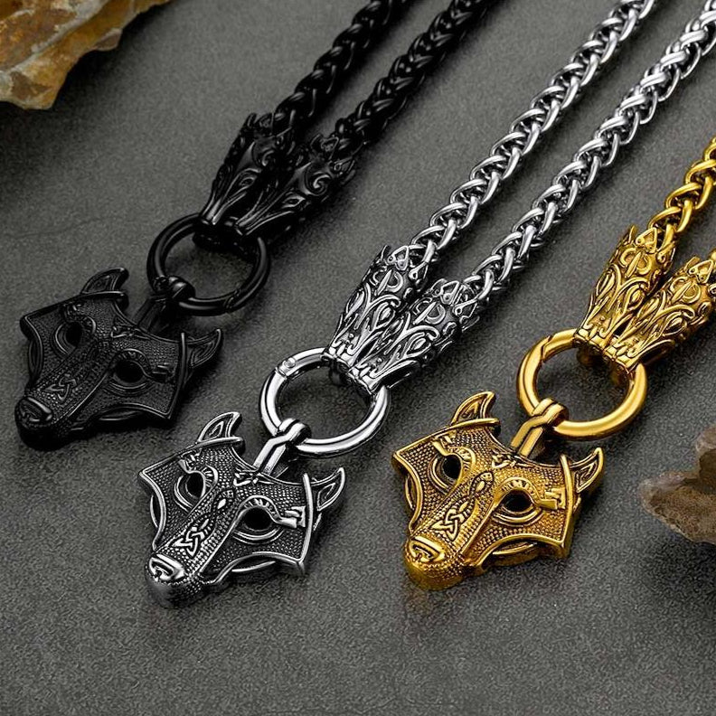 Viking Wolf Pendant Necklace With Wolf Rope Chain For Men
