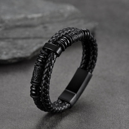 Viking Black Engraved Leather Braided Wristband Bracelet for Men