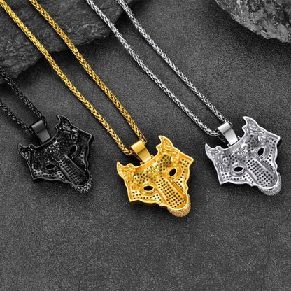 Hip Hop Viking Wolf Head Fenrir Necklace with Cubic Zirconia