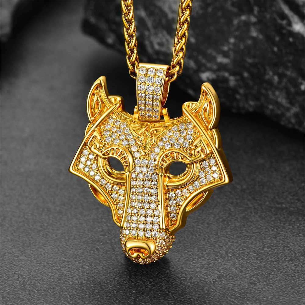 Hip Hop Viking Wolf Head Fenrir Necklace with Cubic Zirconia