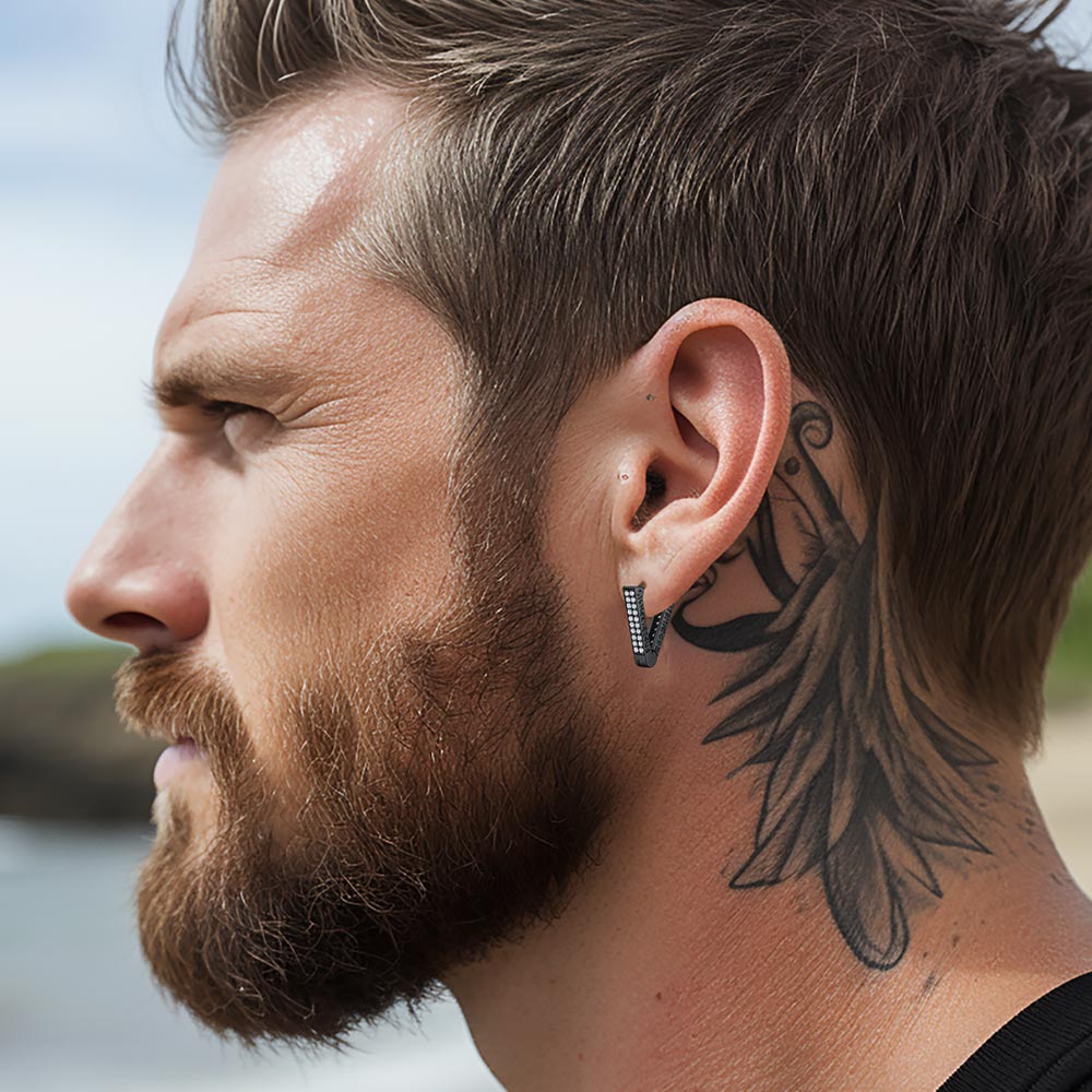 Cubic Zirconia Triangle Huggie Hoop Earrings With Viking Runes for Men
