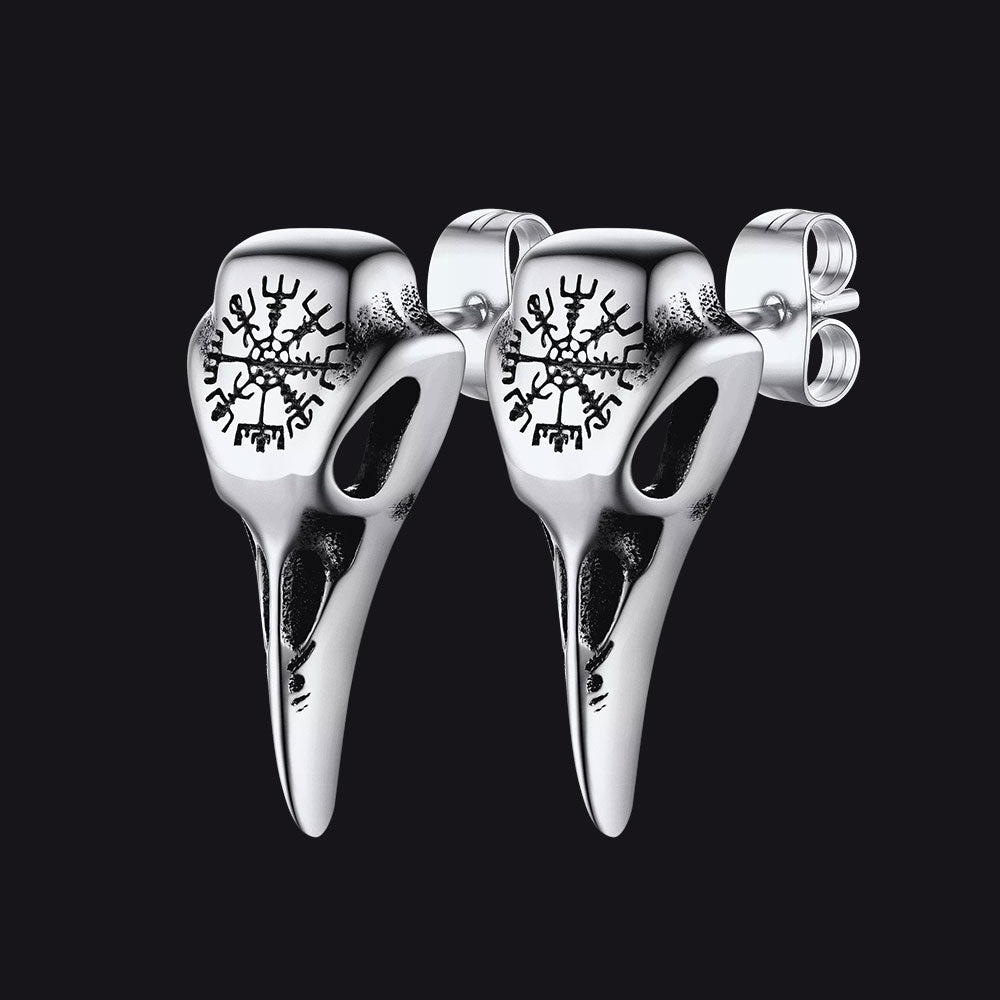 Viking Raven Skull Stud Earrings With Viking Vegvisir For Men Women