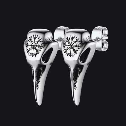 Viking Raven Skull Stud Earrings With Viking Vegvisir For Men Women