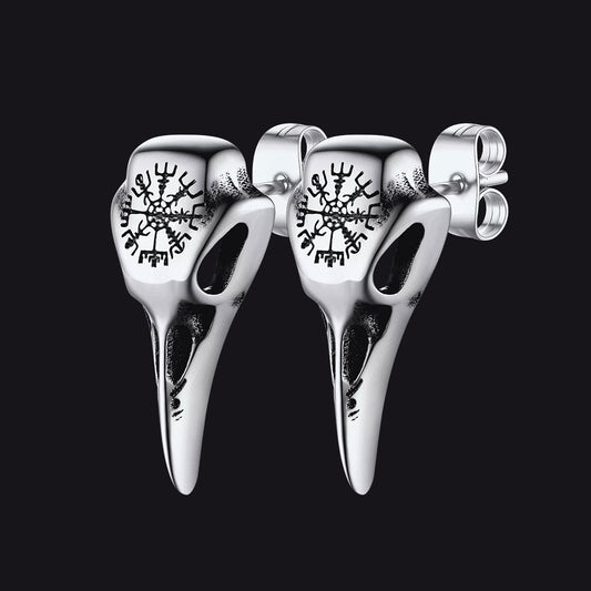 Viking Raven Skull Stud Earrings With Viking Vegvisir For Men Women