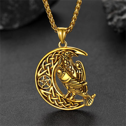 Celtic Crescent Moon Necklace With Odin Raven