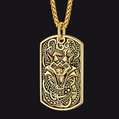 Engraved Viking Celtic Wolf Dog Tag Necklace for Men