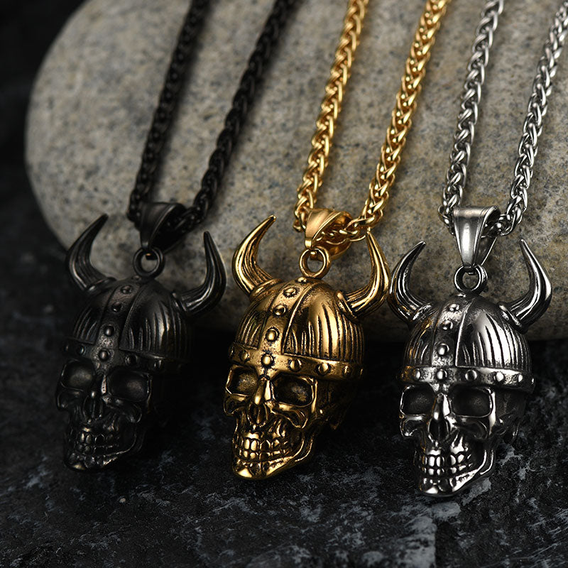 Viking Helmet Skull Pendant Necklace For Men